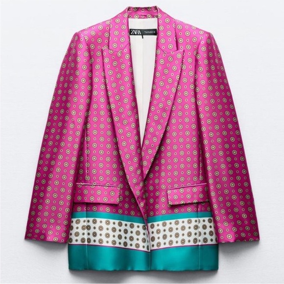 Zara Jackets & Blazers - Zara Satin Effect Printed Open Front Blazer Jacket Pink Teal Blue size Small